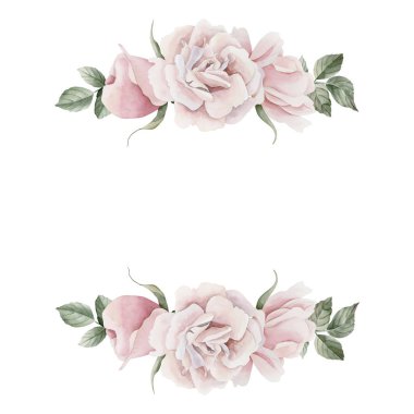 Yapraklı pembe gül kalça çiçeği çerçevesi, Victoria tarzı gül. Beyaz arka planda izole edilmiş çiçek suluboya el resmi. Davetiyeler için mükemmel, tebrik kartları, posterler, etiketler, duvar kağıtları, ambalajlar, kumaşlar, tekstil