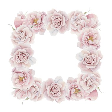 Pembe gül kalça çiçeği çerçevesi. Viktorya dönemi tarzı gül. Beyaz arka planda izole edilmiş çiçek suluboya el resmi. Davetiyeler için mükemmel, tebrik kartları, posterler, etiketler, duvar kağıtları, ambalajlar, kumaşlar, tekstil
