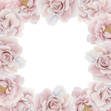 Pembe gül kalça çiçeği çerçevesi. Viktorya dönemi tarzı gül. Beyaz arka planda izole edilmiş çiçek suluboya el resmi. Davetiyeler için mükemmel, tebrik kartları, posterler, etiketler, duvar kağıtları, ambalajlar, kumaşlar, tekstil