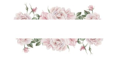 Pembe gül kalça çiçekleri, tomurcuklar ve yapraklardan oluşan yatay çerçeve, Victoria tarzı gül. Beyaz arka planda izole edilmiş çiçek suluboya el resmi. Davetiyeler için mükemmel, tebrik kartları, poster, etiketler, duvar kağıtları, ambalajlar, kumaşlar, tekstil