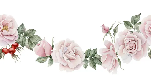 Quadro Horizontal Rosa Rosa Rosa Flores Quadril Botões Folhas Estilo — Fotografia de Stock