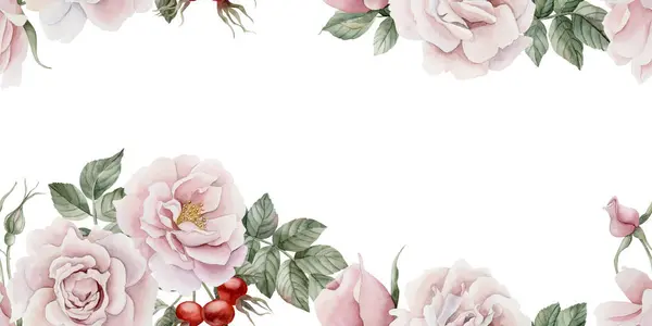 Горизонтальна Рамка Рожевих Троянд Бутонів Листя Вікторіанський Стиль Троянд Квіткова — стокове фото