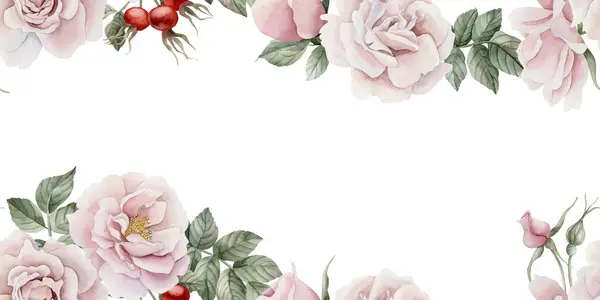 Rama Pozioma Różowych Kwiatów Pąków Liści Jagód Wiktoriański Styl Róży — Zdjęcie stockowe