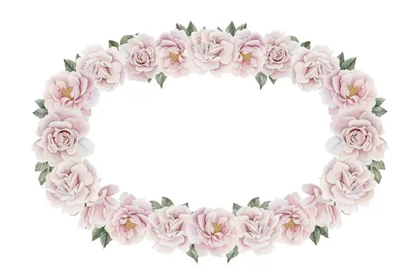 Овальний Вінок Рожевих Трояндових Квітів Стегна Листям Вікторіанський Стиль Квіткова — стокове фото