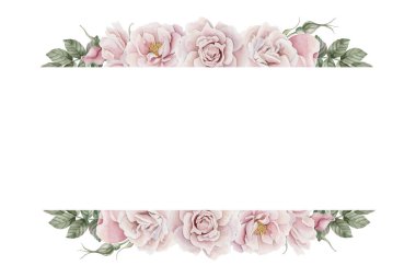 Yapraklı pembe gül kalça çiçeğinin yatay çerçevesi, Viktorya tarzı. Beyaz arka planda izole edilmiş çiçek suluboya el resmi. Davetiyeler için mükemmel, tebrik kartları, posterler, etiketler, duvar kağıtları, ambalajlar, kumaşlar, tekstil