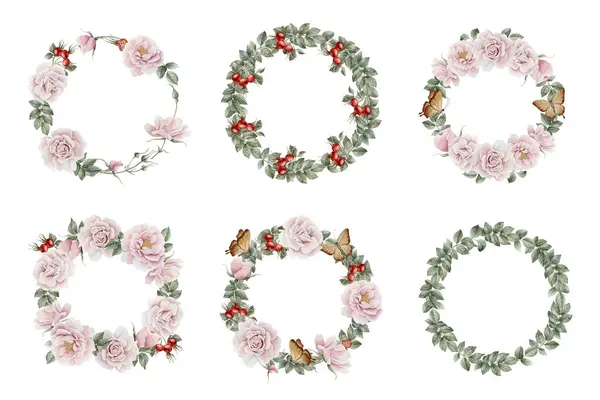 Conjunto Grinaldas Com Flores Rosa Rosa Rosa Quadril Botões Folhas — Fotografia de Stock