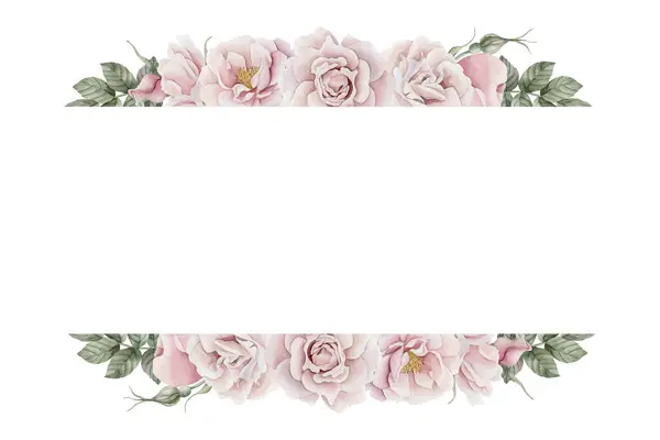 Горизонтальна Рамка Рожевих Троянд Листям Вікторіанський Стиль Квіткова Акварельна Ілюстрація — стокове фото