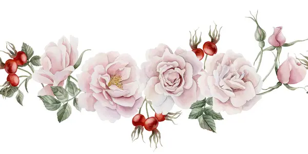Horizontale Nahtlose Borte Aus Rosa Hagebuttenblüten Knospen Blättern Und Beeren — Stockfoto
