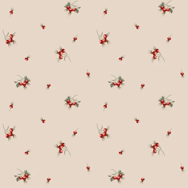 Rose Hip Red Berries Watercolor Seamless Minimalistic Floral Pattern Beige — Stock Photo, Image