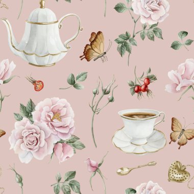 Gül kalçası pembe çiçekler, kırmızı böğürtlen, yapraklar, beyaz porselen teaware ve kelebekler, şeftali pembesi arkaplanda sulu boya deseni. Tasarım, kumaş, tekstil, hatıra defteri, duvar kağıdı, ambalaj kağıdı, hediye kutuları, tebrik kartları