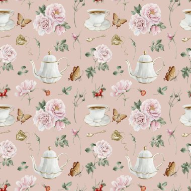 Gül kalçası pembe çiçekler, kırmızı böğürtlen, yapraklar, beyaz porselen teaware ve kelebekler, şeftali pembesi arkaplanda sulu boya deseni. Tasarım, kumaş, tekstil, hatıra defteri, duvar kağıdı, ambalaj kağıdı, hediye kutuları, tebrik kartları