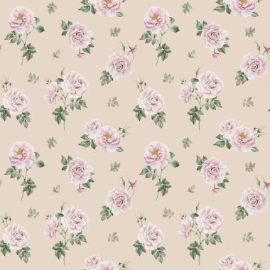 Tomurcuklu pembe pembe çiçekler ve yeşil yapraklar, Viktorya dönemi tarzı, bej arka planda dikişsiz suluboya deseni. Tasarım, kumaş, tekstil, yapıştırma kitabı, duvar kağıdı, ambalaj kağıdı, hediye kutuları, tebrik kartları, arka plan