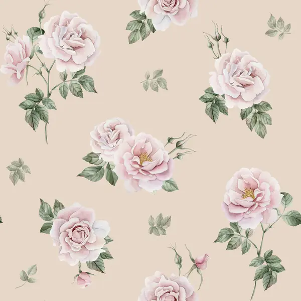 Rosafarbene Blüten Mit Knospen Und Grünen Blättern Viktorianischen Stil Aquarell — Stockfoto