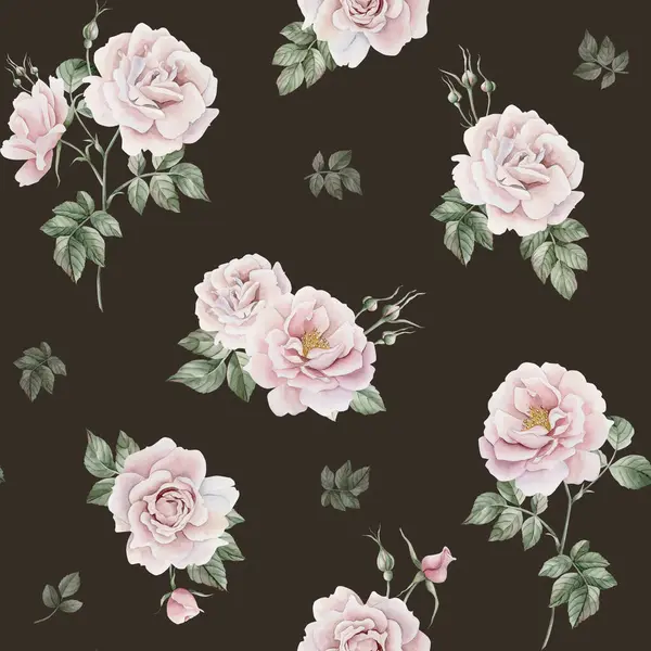 Рожеві Хіп Рожеві Квіти Бутонами Зеленим Листям Вікторіанський Стиль Безшовний — стокове фото