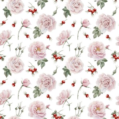 Tomurcukları, kırmızı böğürtlenleri ve yeşil yaprakları olan pembe kalça pembe çiçekler, Victoria tarzı, beyaz arka planda dikişsiz sulu boya deseni. Tasarım, kumaş, tekstil, yapıştırma kitabı, duvar kağıdı, ambalaj kağıdı, hediye kutuları, tebrik kartları, arka plan