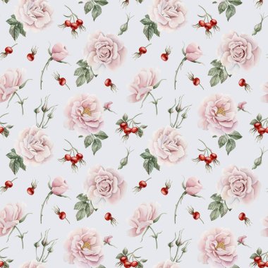 Tomurcuklu pembe pembe çiçekler, kırmızı böğürtlen ve yeşil yapraklar, Victoria tarzı, açık mavi arkaplanda dikişsiz suluboya desen. Tasarım, kumaş, tekstil, yapıştırma kitabı, duvar kağıdı, ambalaj kağıdı, hediye kutuları, tebrik kartları, arka plan