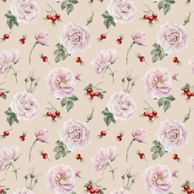 Tomurcukları, kırmızı böğürtlenleri ve yeşil yaprakları olan pembe kalça pembe çiçekler Victoria tarzı, bej arka planda dikişsiz sulu boya deseni. Tasarım, kumaş, tekstil, yapıştırma kitabı, duvar kağıdı, ambalaj kağıdı, hediye kutuları, tebrik kartları, arka plan