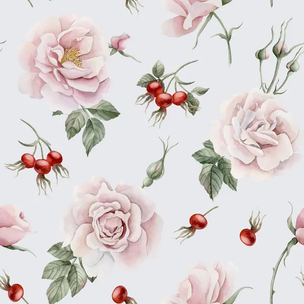 Rosafarbene Blüten Mit Knospen Roten Beeren Und Grünen Blättern Viktorianischen — Stockfoto