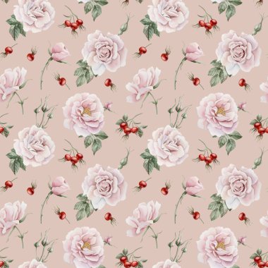 Tomurcuklu pembe pembe çiçekler, kırmızı böğürtlen ve yeşil yapraklar, Victoria tarzı, şeftali pembesi arka planında dikişsiz sulu boya deseni. Tasarım, kumaş, tekstil, yapıştırma kitabı, duvar kağıdı, ambalaj kağıdı, hediye kutuları, tebrik kartları, arka plan