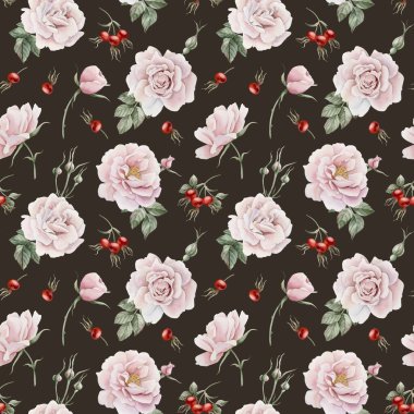 Tomurcukları, kırmızı böğürtlenleri ve yeşil yaprakları olan pembe kalça pembe çiçekler, Victoria tarzı, koyu arkaplanda dikişsiz sulu boya deseni. Tasarım, kumaş, tekstil, yapıştırma kitabı, duvar kağıdı, ambalaj kağıdı, hediye kutuları, tebrik kartları, arka plan