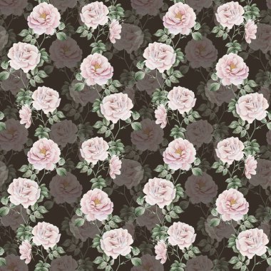 Tomurcuklu pembe pembe çiçekler ve yeşil yapraklar, Viktorya dönemi tarzı, koyu arkaplanda dikişsiz bir desen. Tasarım, kumaş, tekstil, yapıştırma kitabı, duvar kağıdı, ambalaj kağıdı, hediye kutuları, tebrik kartları, arka plan