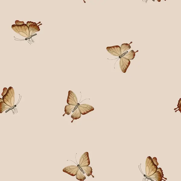 褐色蝴蝶 水彩画无缝简约的米色背景图案 用于设计 纺织品 剪贴簿 包装纸 礼品盒 — 图库照片