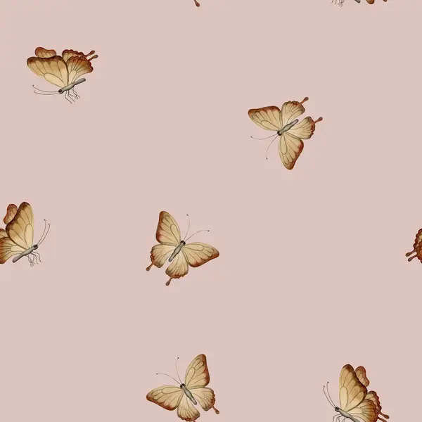 ブラウンの蝶 ピーチピンクの背景に水彩のシームレスなミニマリストパターン スクラップブッキング 包むパッパー ギフト用の箱 挨拶カード 背景の使用のため — ストック写真