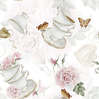 Rosehip pembe çiçekler, kırmızı böğürtlenler, yapraklar, beyaz porselen teaware ve kelebekler, suluboya desenli beyaz