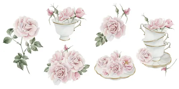 Beyaz Porselen Çay Fincanları Yaldızlı Tabaklar Pembe Gül Kalça Çiçekleri — Stok fotoğraf