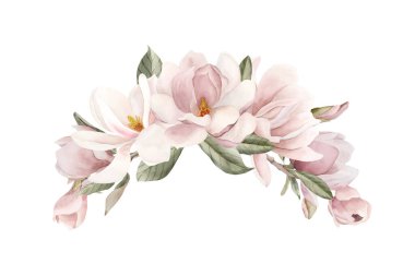 Açık pembe manolya çiçekleri, tomurcuklar, filizler ve yapraklar. Beyaz arka planda izole edilmiş çiçek suluboya el resmi. Baskı, etiket ya da kozmetik ambalaj için bahar çiçeğinin bileşimi. Ev dekorunda mükemmel..