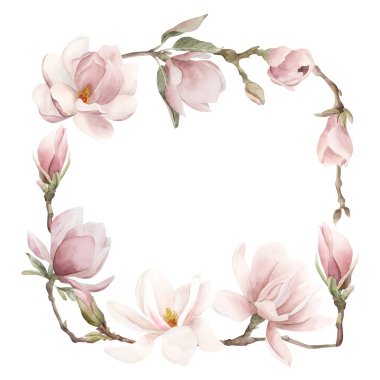 Açık pembe manolya çiçekleri, tomurcuklar, filizler ve yapraklardan oluşan çerçeve. Kare anlaşma. Beyaz arka planda izole edilmiş çiçek suluboya el resmi. Baskı, etiket veya logo için bahar çiçeği.