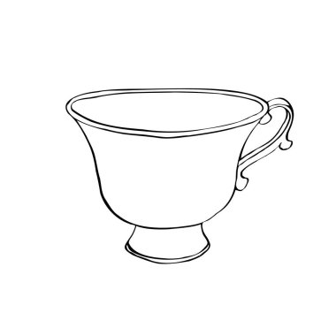 Viktorya dönemi tarzında çizilmiş çay fincanı, vektör çizimi. İzole edilmiş arka planda el çizimi çizimi çizimi. Boyama kitabı, baskı, logo için siyah beyaz renkte doğrusal çizim