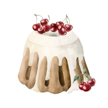 Beyaz jöleli kek ve taze kiraz çileği. Suluboya el çizimi, fırın ve şekerleme tasarımı, kafe menüsü, masa tekstili ve lezzetli baskılar için beyaz arka planda izole edilmiş.