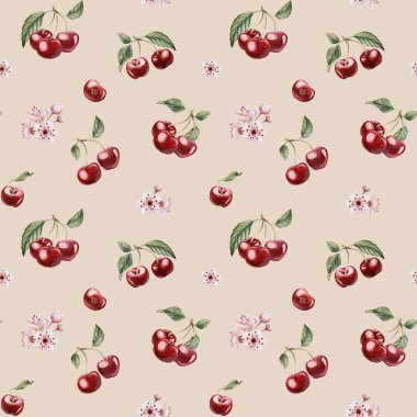 Çiçekli ve yapraklı kiraz çilekleri, bej arkaplanda sulu boya desenli çiçek deseni masa tekstili için bahar çiçeği, lezzetli baskılar, yaz kumaşları, ambalaj kağıdı ve yiyecek paketleri.