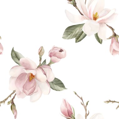 Açık pembe manolya çiçeği, tomurcuklar, filizler ve yapraklar. Beyaz arka planda suluboya çiçeksiz desen. Çiçek kumaşı, kozmetik ambalaj kağıdı, ambalaj kağıdı ve ev tekstili için bahar çiçeği.