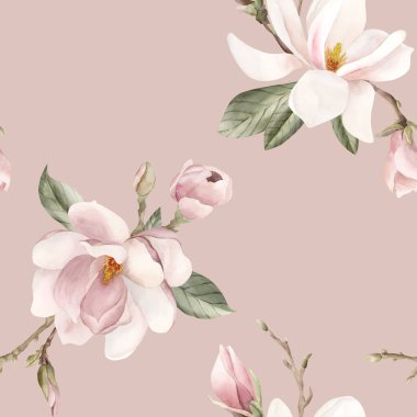 Açık pembe manolya çiçeği, tomurcuklar, filizler ve yapraklar. Şeftali pembesi arka planda suluboya çiçeksiz desen. Çiçek kumaşı, kozmetik ambalaj kağıdı, ambalaj kağıdı ve ev tekstili için bahar çiçeği.