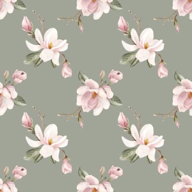 Açık pembe manolya çiçeği, tomurcuklar ve yapraklar. Çiçeksiz suluboya desenli gri mavi adaçayı yeşil arka planda. Kumaş, kozmetik ambalaj, ambalaj kağıdı ve ev tekstili için bahar çiçekleri