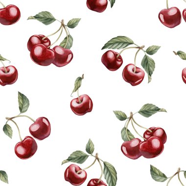 Yapraklı kiraz meyveleri, beyaz arka planda sulu boya desensiz çiçek deseni masa tekstili için bahar çiçeği, lezzetli baskılar, yaz kumaşları, ambalaj kağıdı ve yiyecek paketleri.
