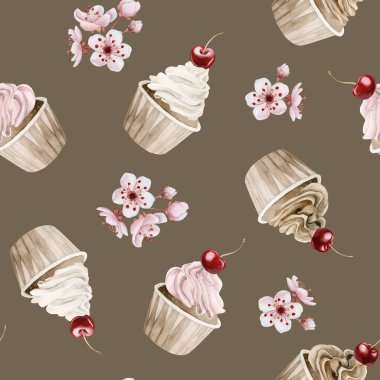 Kirazlı ve çiçekli kekler. Çikolata kahverengi arka planda suluboya desenli, şekerleme tasarımı için kekler, masa tekstili, ambalaj kağıdı, nefis kumaşlar ve baskılar.