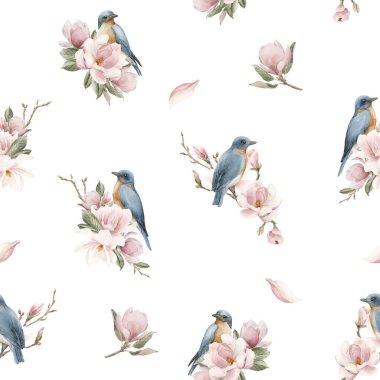 Açık pembe manolya çiçekli dallardaki mavi kuşlar. Beyaz arka planda suluboya çiçeksiz desen. Çiçek kumaşı, kozmetik ambalajı, ambalaj kağıdı ve ev tekstili için bahar çiçeği