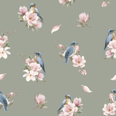 Pembe manolya çiçekli dallardaki mavi kuşlar. Gri mavi adaçayı yeşil arka planda dikişsiz suluboya deseni. Çiçek kumaşı, kozmetik ambalajı, ambalaj kağıdı ve ev tekstili için bahar çiçeği