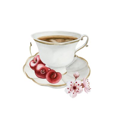 Beyaz porselen çay fincanı ve kirazlı çay tabağı ve çiçekler. Viktorya tarzı. Beyaz arka planda izole edilmiş suluboya resimli el resmi. Davetiyeler, etiketler, ambalajlar, kumaşlar için mükemmel.