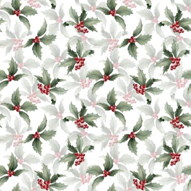 Kırmızı böğürtlen ve yapraklı Holly meyvesi dalları. Beyaz zemin üzerinde suluboya desenli Noel çiçekleri, masa tekstili, kış kumaşları, hediye ambalajı.