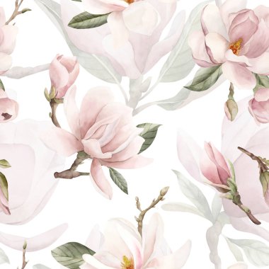 Tomurcukları ve yaprakları olan açık pembe manolya dalı. Beyaz arka planda suluboya çiçeksiz desen. Çiçek kumaşı, kozmetik ambalajı, ambalaj kağıdı ve ev tekstili için bahar çiçeği