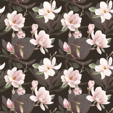 Yapraklı açık pembe manolya çiçekleri. Koyu arkaplanda suluboya çiçek deseni var. Çiçek kumaşı, kozmetik ambalajı, ambalaj kağıdı ve ev tekstili için bahar çiçeği