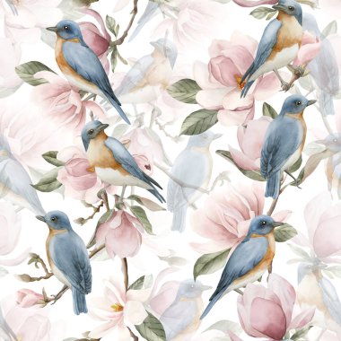Açık pembe manolya çiçekli dallardaki mavi kuşlar. Beyaz arka planda suluboya çiçeksiz desen. Çiçek kumaşı, kozmetik ambalajı, ambalaj kağıdı ve ev tekstili için bahar çiçeği