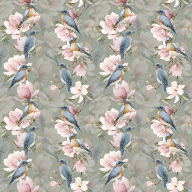 Pembe manolya çiçekli dallardaki mavi kuşlar. Gri mavi adaçayı yeşil arka planda dikişsiz suluboya deseni. Çiçek kumaşı, kozmetik ambalajı, ambalaj kağıdı ve ev tekstili için bahar çiçeği
