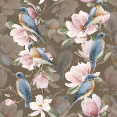 Açık pembe manolya çiçekli dallardaki mavi kuşlar. Kahverengi arka planda suluboya çiçeksiz desen. Çiçek kumaşı, kozmetik ambalajı, ambalaj kağıdı ve ev tekstili için bahar çiçeği