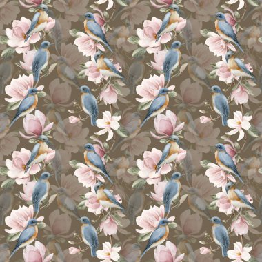 Açık pembe manolya çiçekli dallardaki mavi kuşlar. Kahverengi arka planda suluboya çiçeksiz desen. Çiçek kumaşı, kozmetik ambalajı, ambalaj kağıdı ve ev tekstili için bahar çiçeği