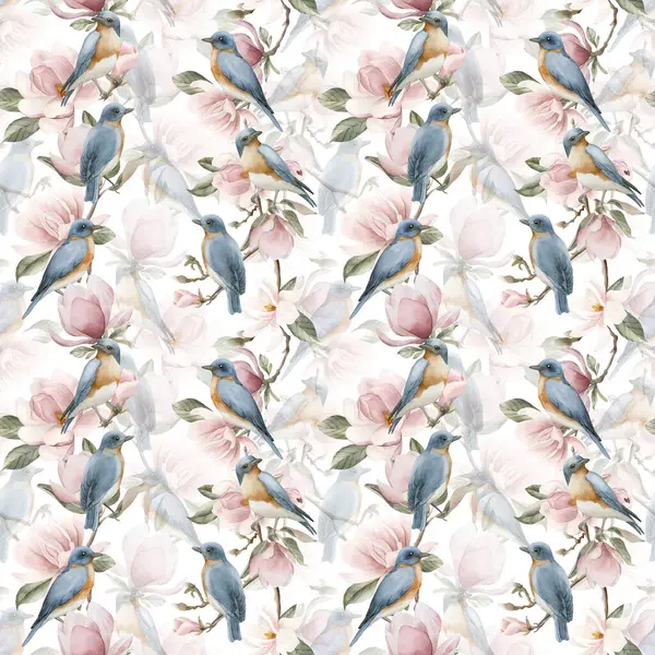 Açık pembe manolya çiçekli dallardaki mavi kuşlar. Beyaz arka planda suluboya çiçeksiz desen. Çiçek kumaşı, kozmetik ambalajı, ambalaj kağıdı ve ev tekstili için bahar çiçeği
